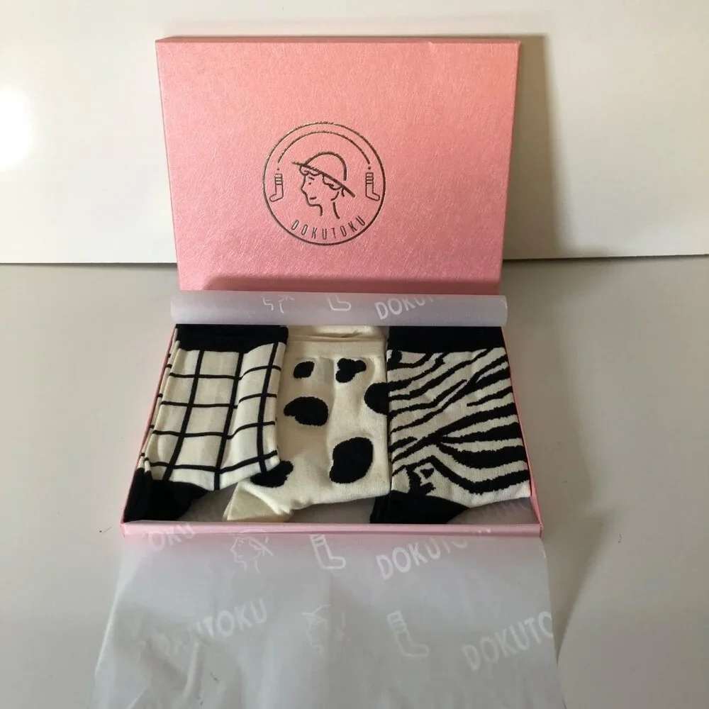 Dokutoku Animal Patterned Crew Socks Gift Box Set 3 Pairs Womens Black White NEW